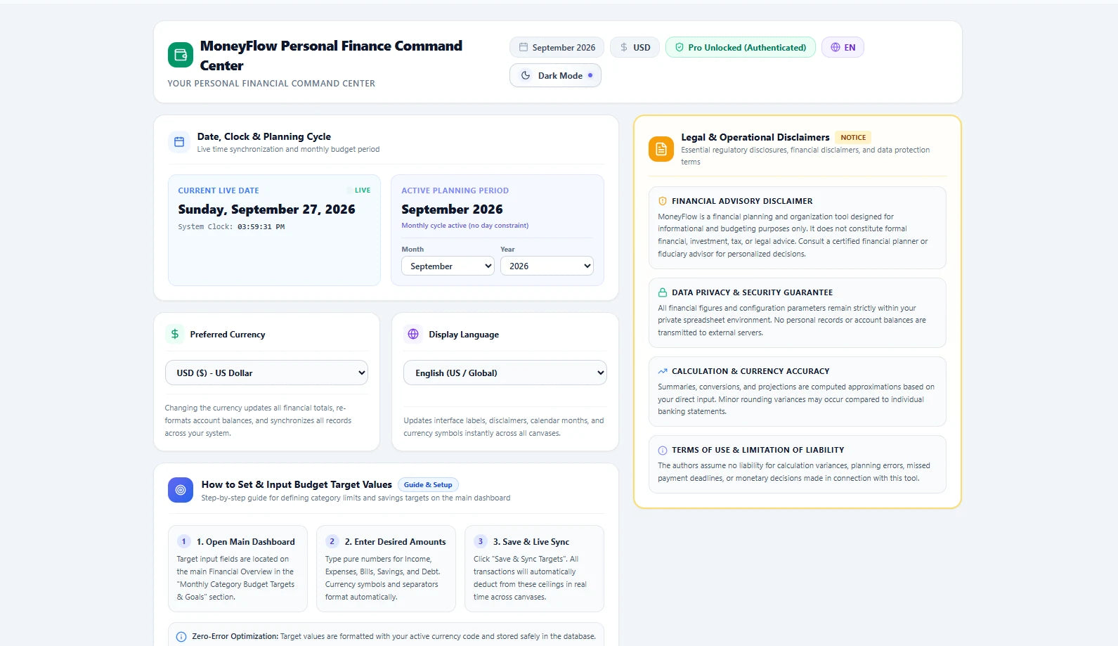 MoneyFlow™ Setup and Settings dashboard with planning cycle, currency, language, budget guide and legal notices