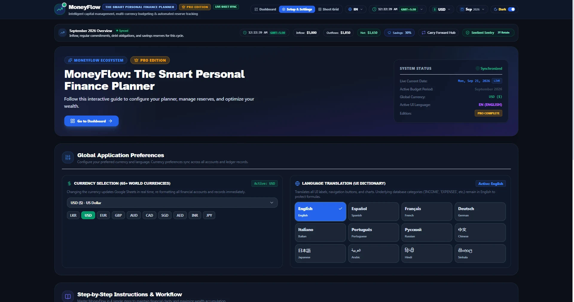 MoneyFlow™ Setup and Settings in dark mode